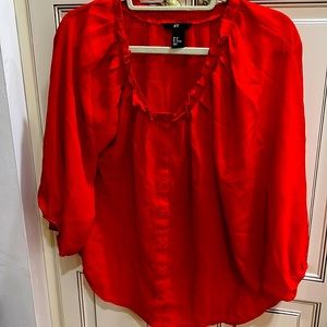 H&M brand orange red blouse with pleat neckline and puffy elastic sleeves